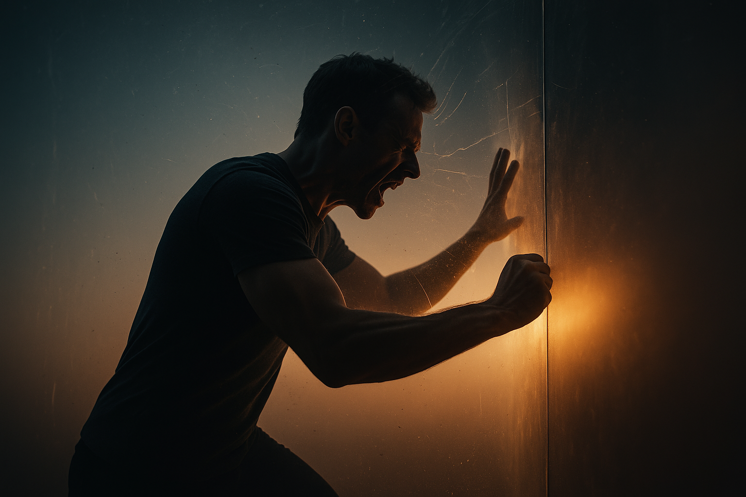 „Symbolbild: Mensch prallt gegen unsichtbare Barriere – Metapher für innere Blockaden in der Persönlichkeitsentwicklung.“